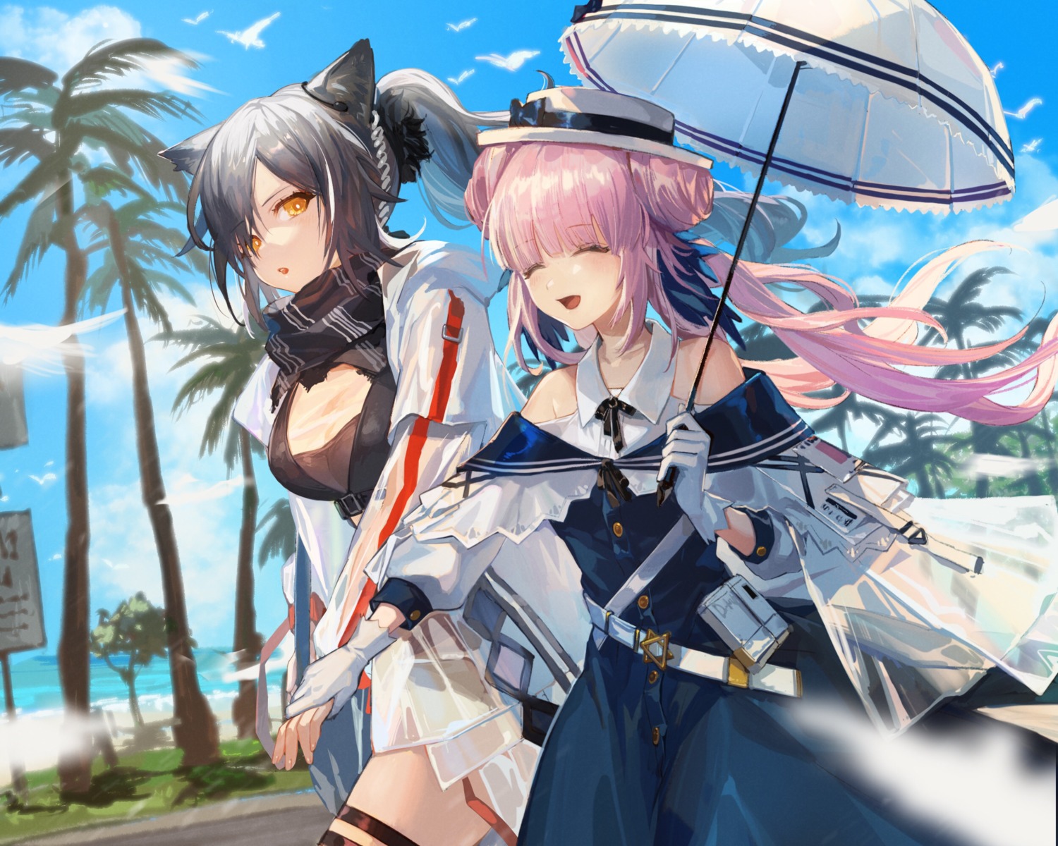 animal_ears arknights ceylon_(arknights) dress garter nima_(niru54) schwarz_(arknights) see_through umbrella yuri