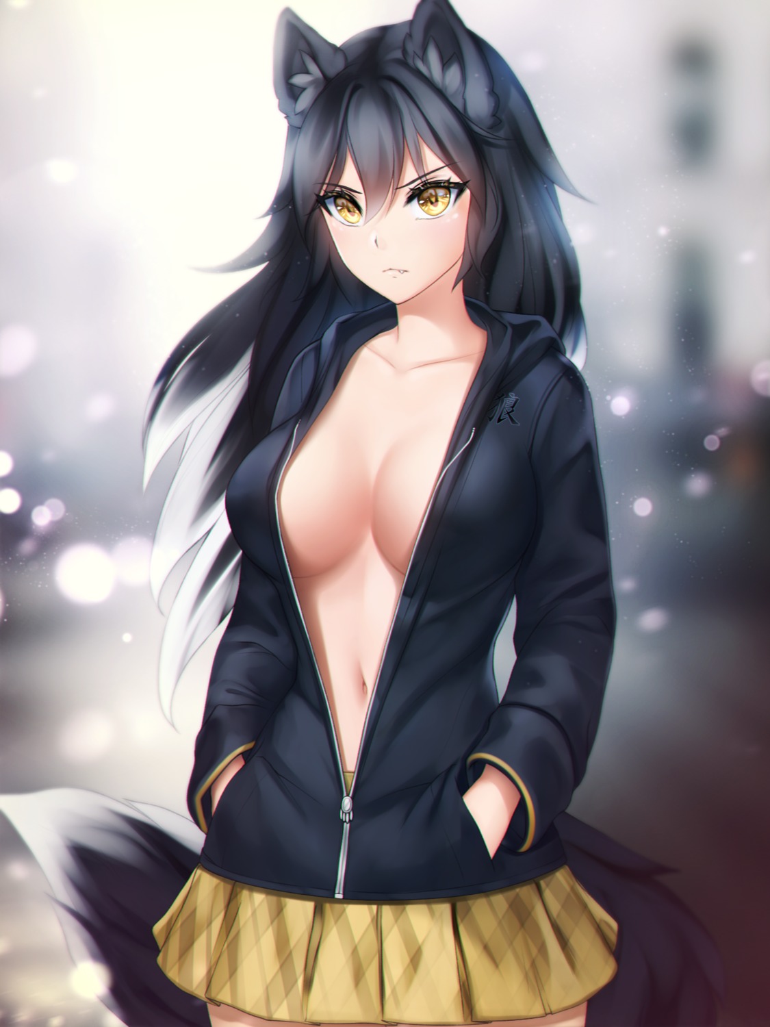 animal_ears gigamessy no_bra okami_chiaki open_shirt tail