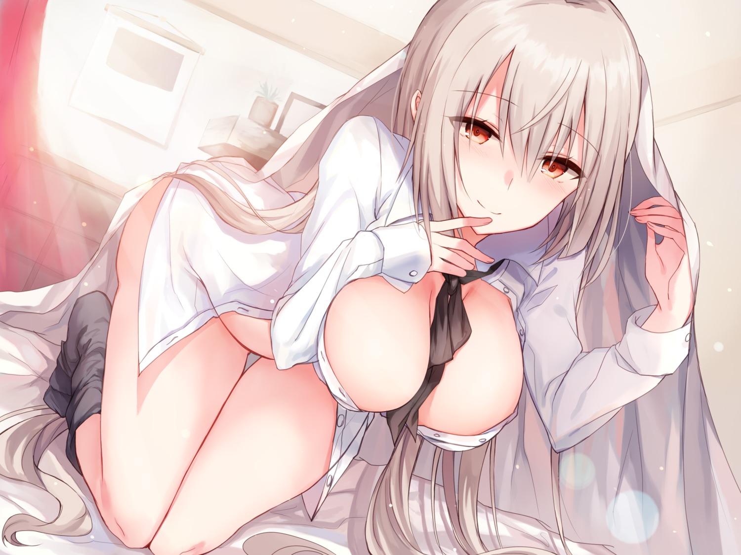 bottomless breast_hold dress_shirt kinona no_bra open_shirt