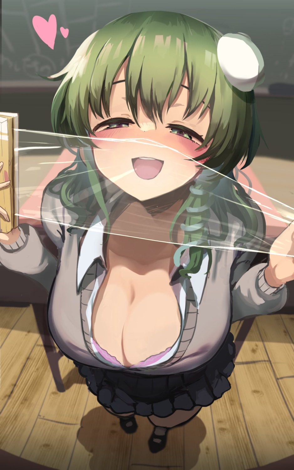 bra cleavage gomeifuku kochiya_sanae open_shirt seifuku sweater touhou