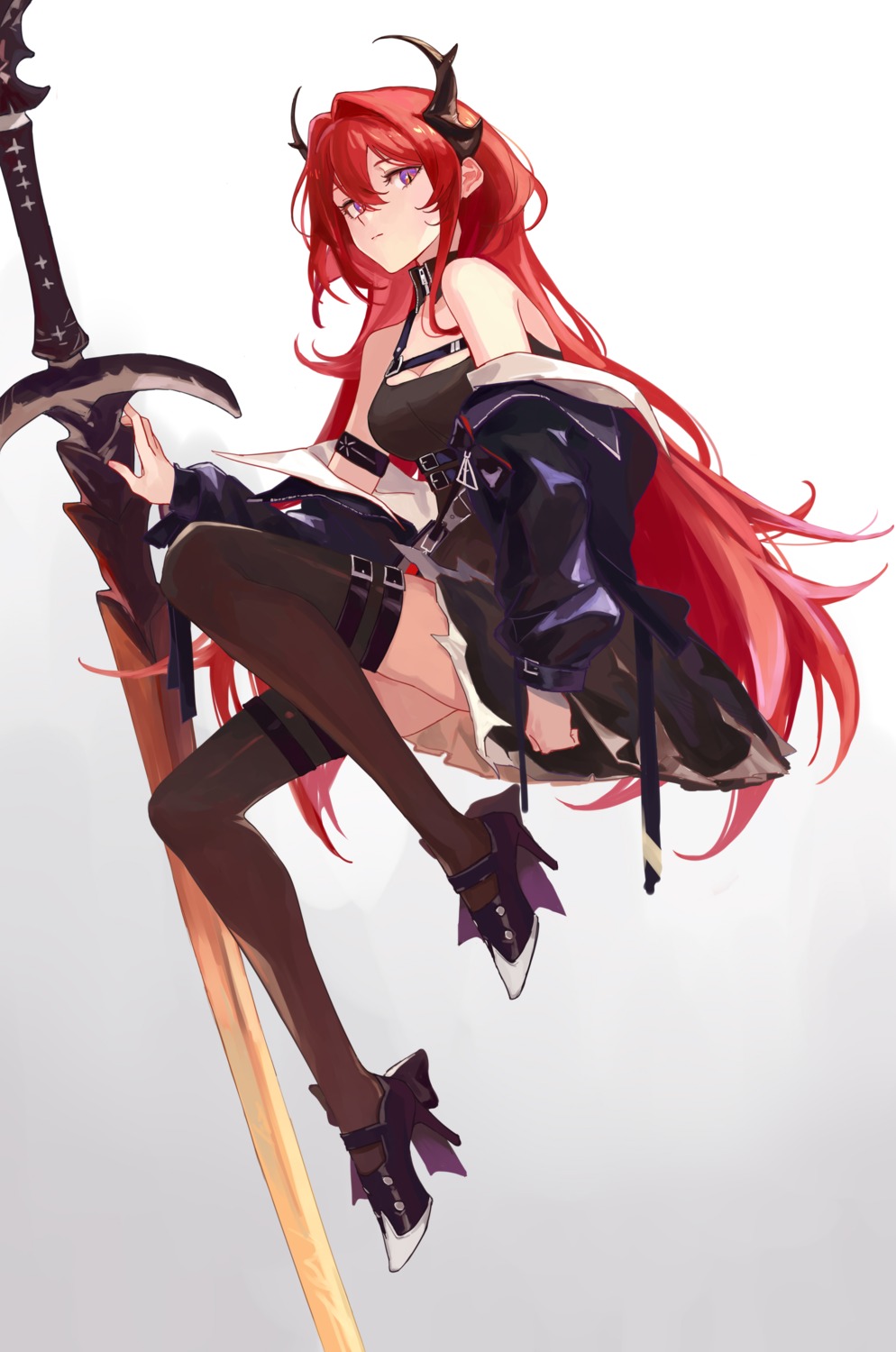 arknights cleavage garter heels horns mou_(piooooon) surtr_(arknights) sword thighhighs