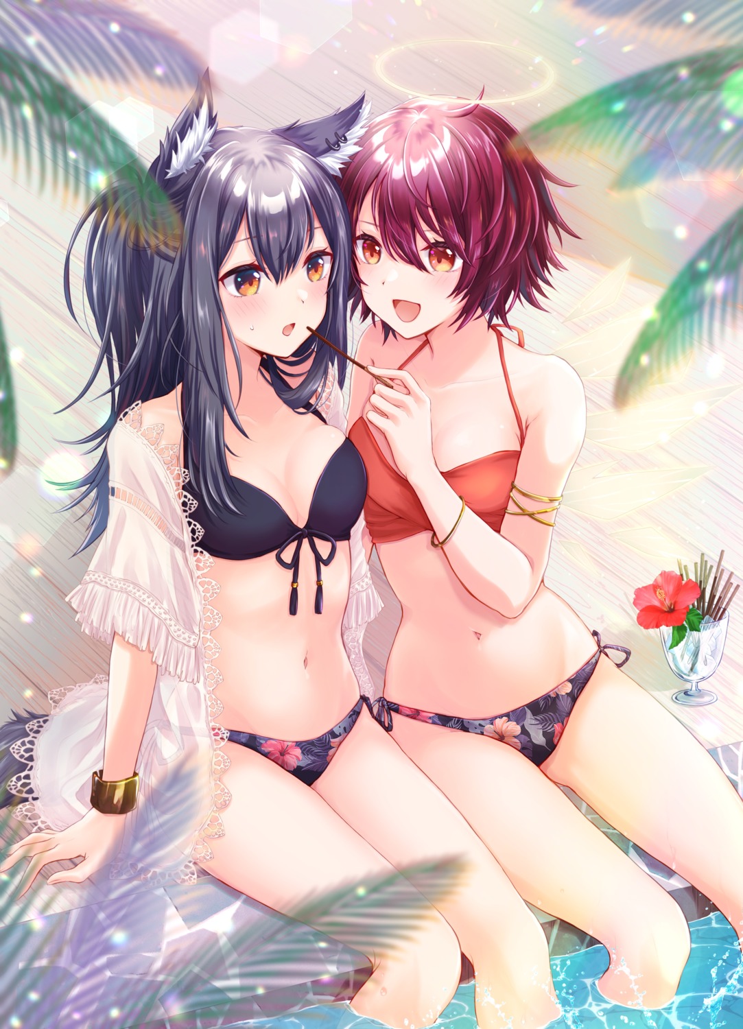 angel animal_ears arknights bikini exusiai_(arknights) naga_(pixiv) open_shirt swimsuits tail texas_(arknights) wet wings yuri