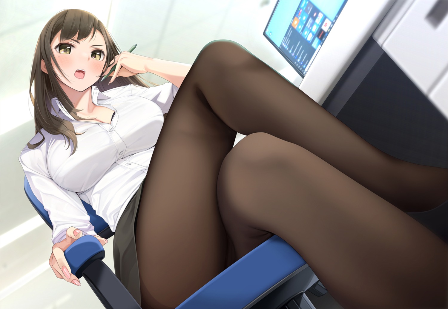 bra cleavage dress_shirt giba_(out-low) open_shirt pantyhose skirt_lift