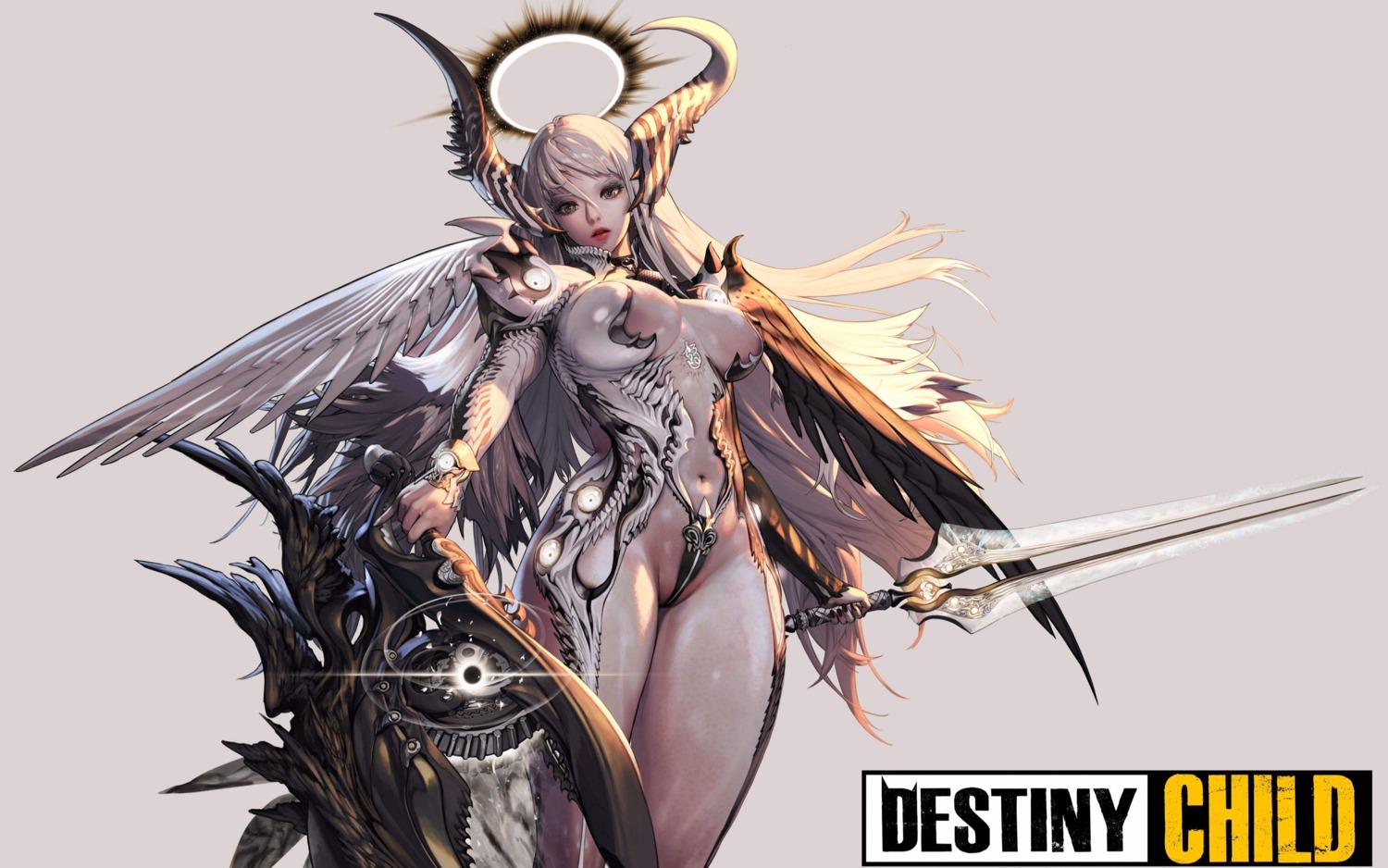 armor destiny_child horns hyulla khepri no_bra nopan shift_up sword wings