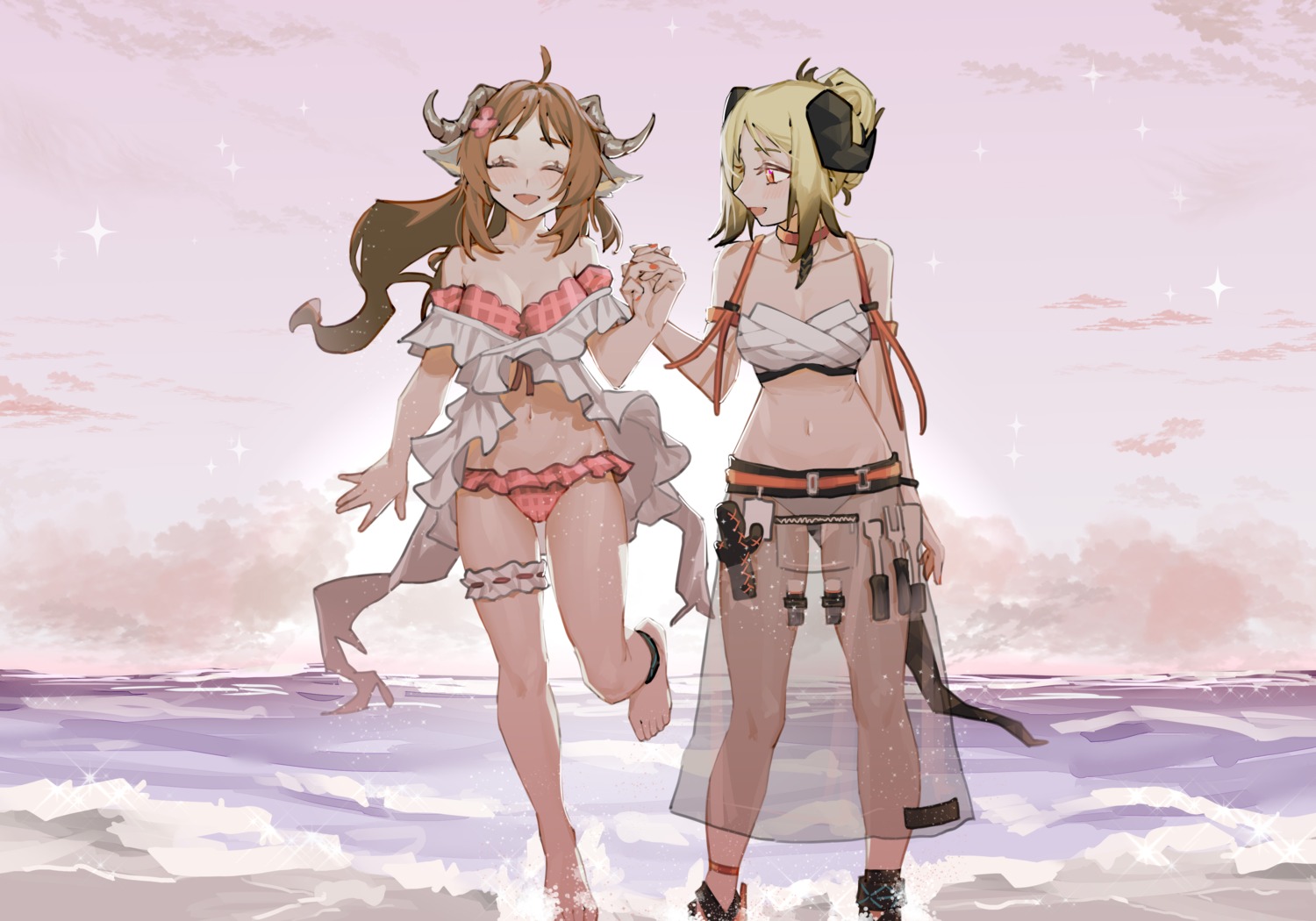 animal_ears arknights bikini eyjafjalla_(arknights) garter horns ifrit_(arknights) renxzd see_through swimsuits tail wet yuri