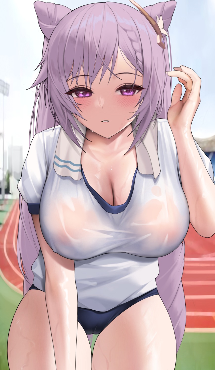 areola buruma genshin_impact gym_uniform hyouuma keqing no_bra see_through wet wet_clothes