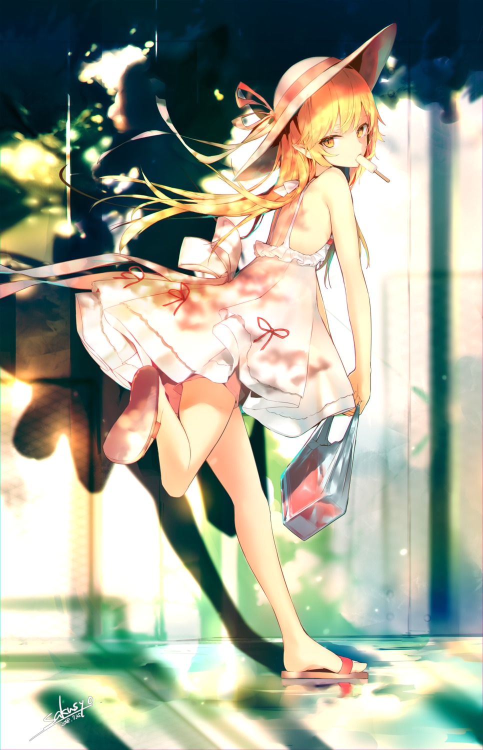 bakemonogatari dress monogatari_(series) oshino_shinobu pointy_ears sakusyo summer_dress