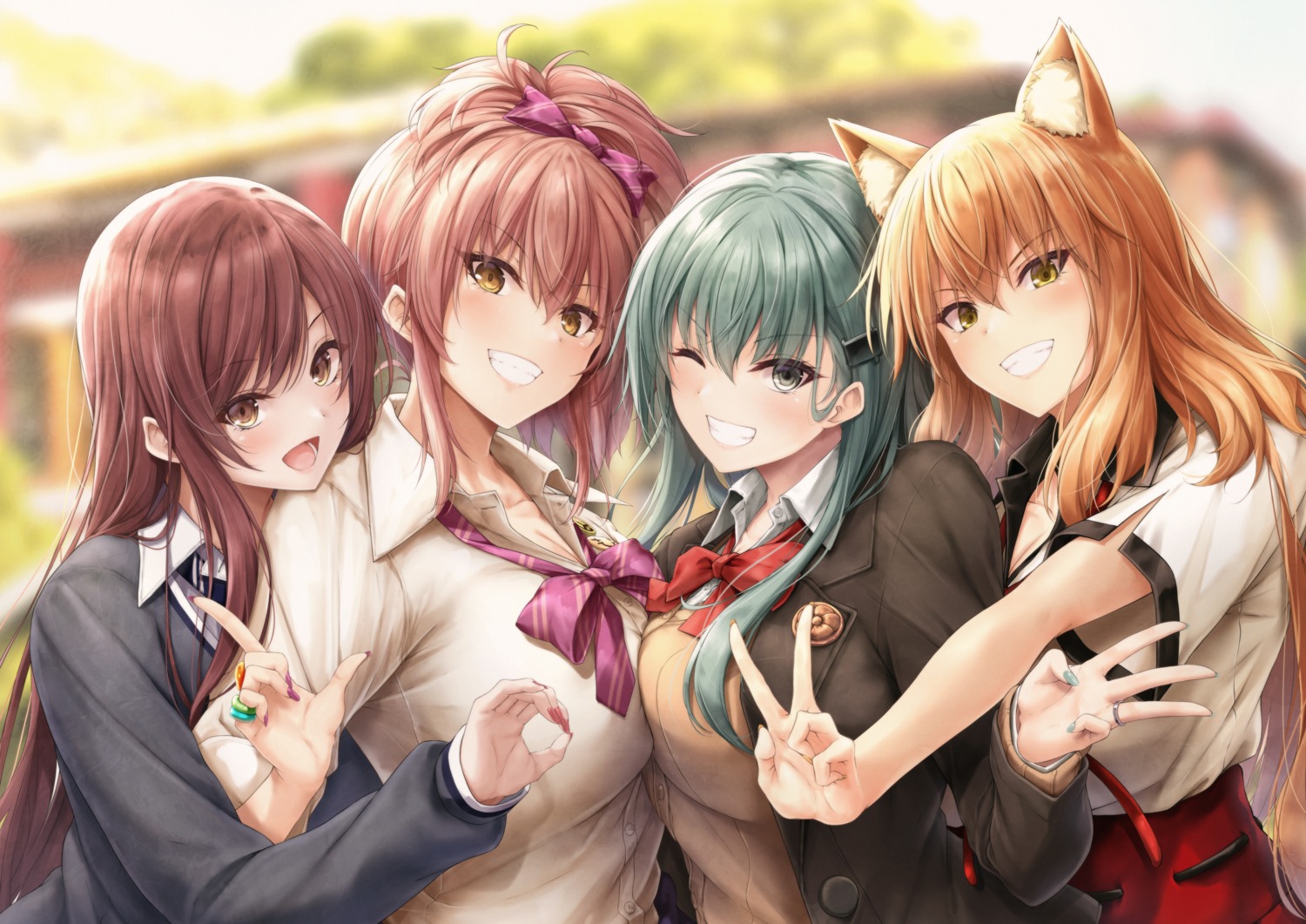 animal_ears cleavage crossover fate/grand_order jougasaki_mika kantai_collection oosaki_amana seifuku suien suzuka_gozen_(fate/grand_order) suzuya_(kancolle) sweater symmetrical_docking the_idolm@ster the_idolm@ster_cinderella_girls the_idolm@ster_shiny_colors