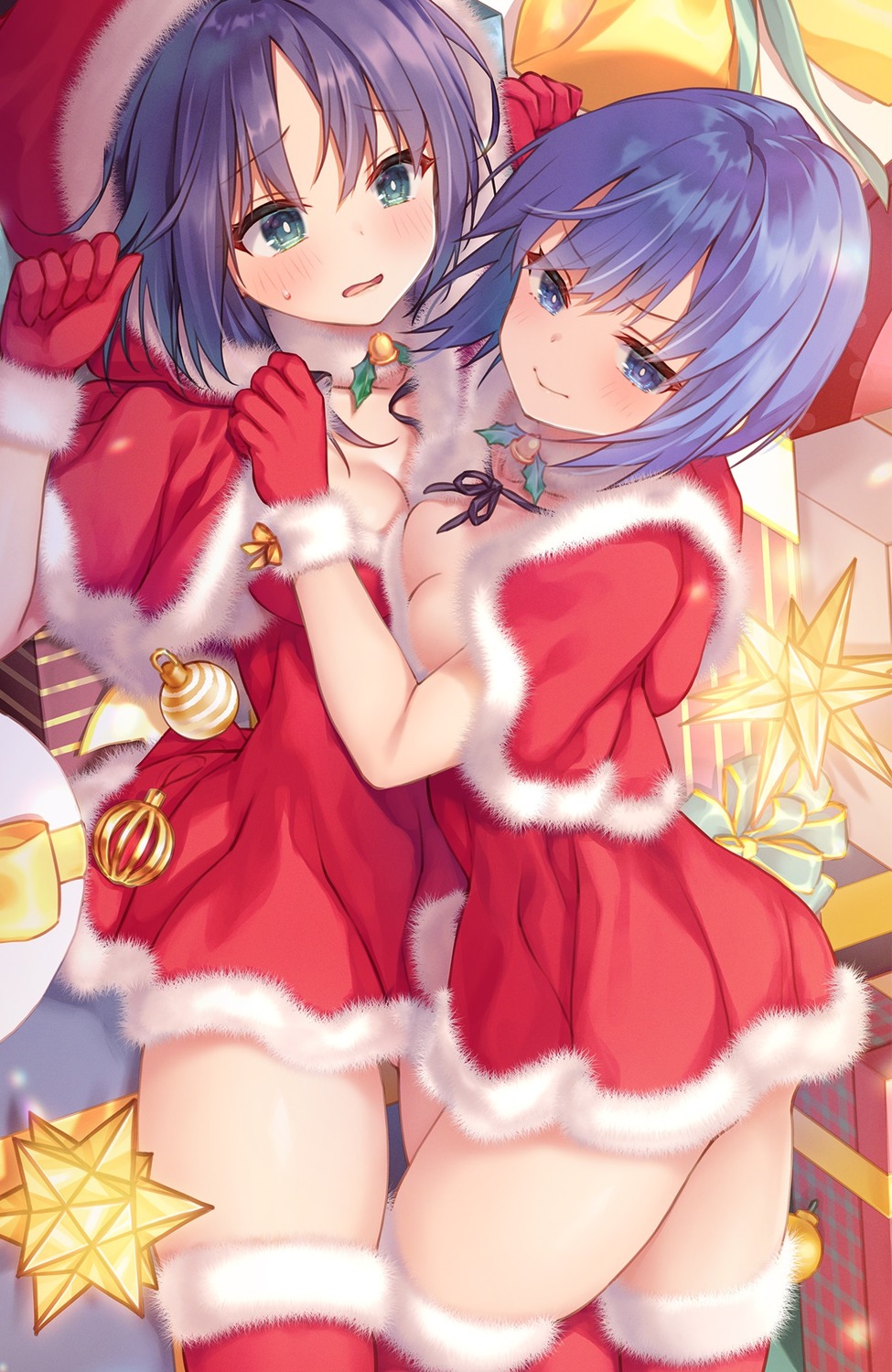 christmas cleavage dress konomi liar_liar minami_shizuku_(liar_liar) no_bra symmetrical_docking thighhighs yuri