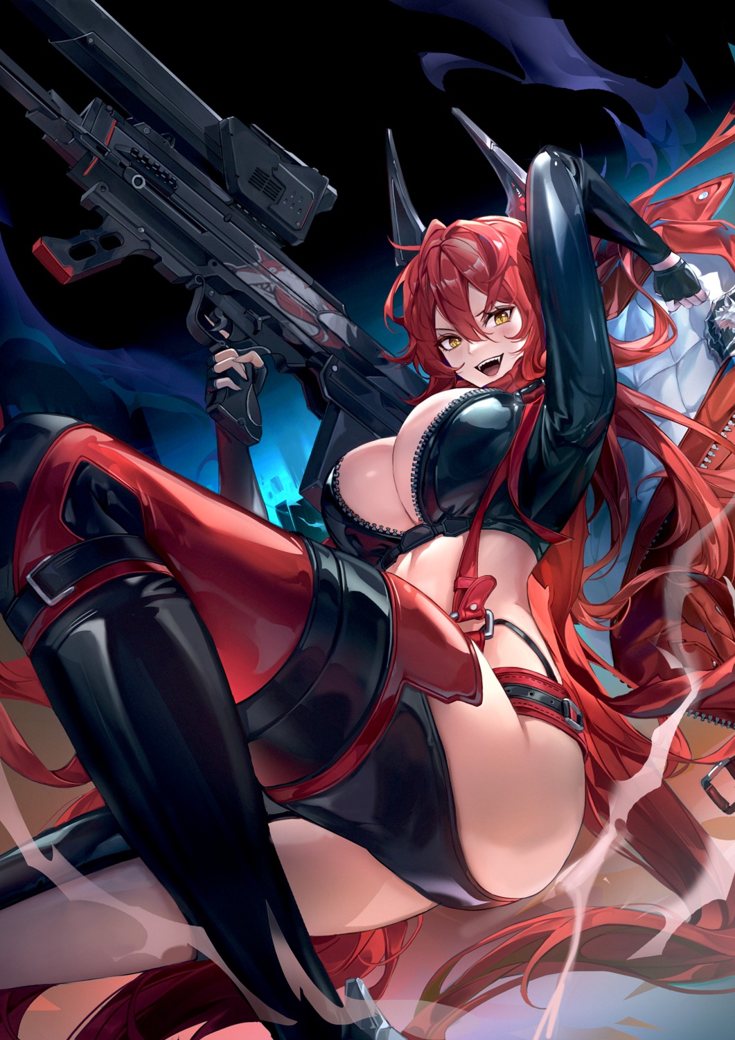 eru_(eru_illust) garter goddess_of_victory:_nikke gun horns no_bra open_shirt red_hood_(nikke)