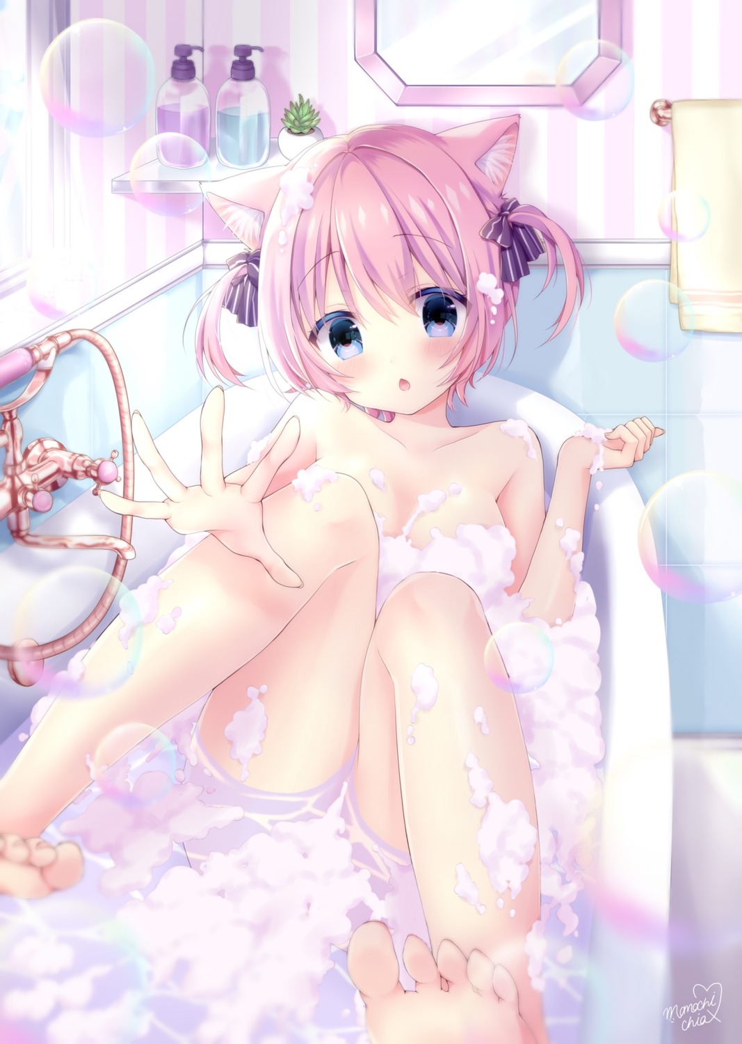 animal_ears bathing feet momochi_chia naked nekomimi wet