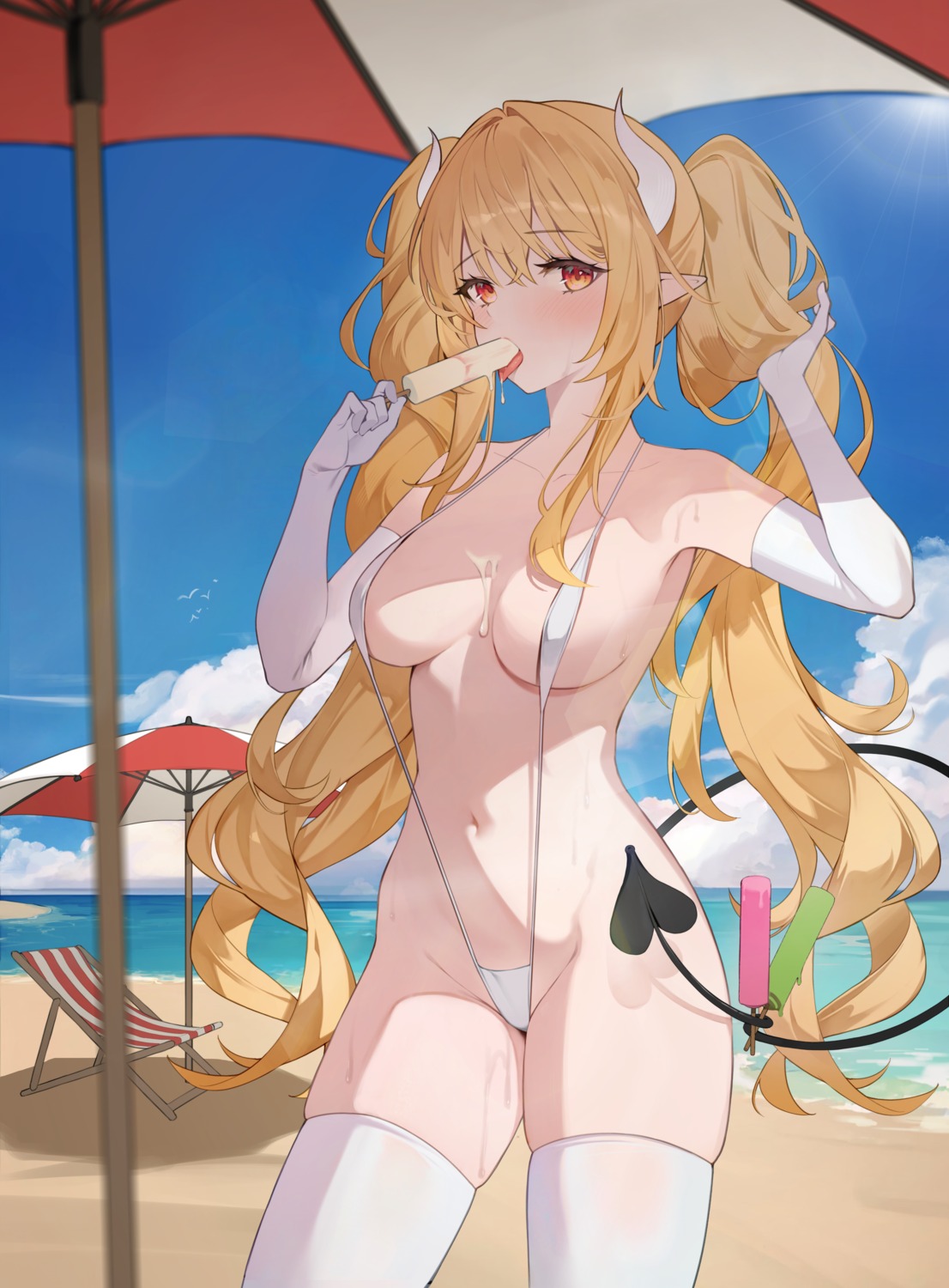 chukibabo2 cream devil dungeon_fighter horns pointy_ears sling_bikini swimsuits tail thighhighs wet