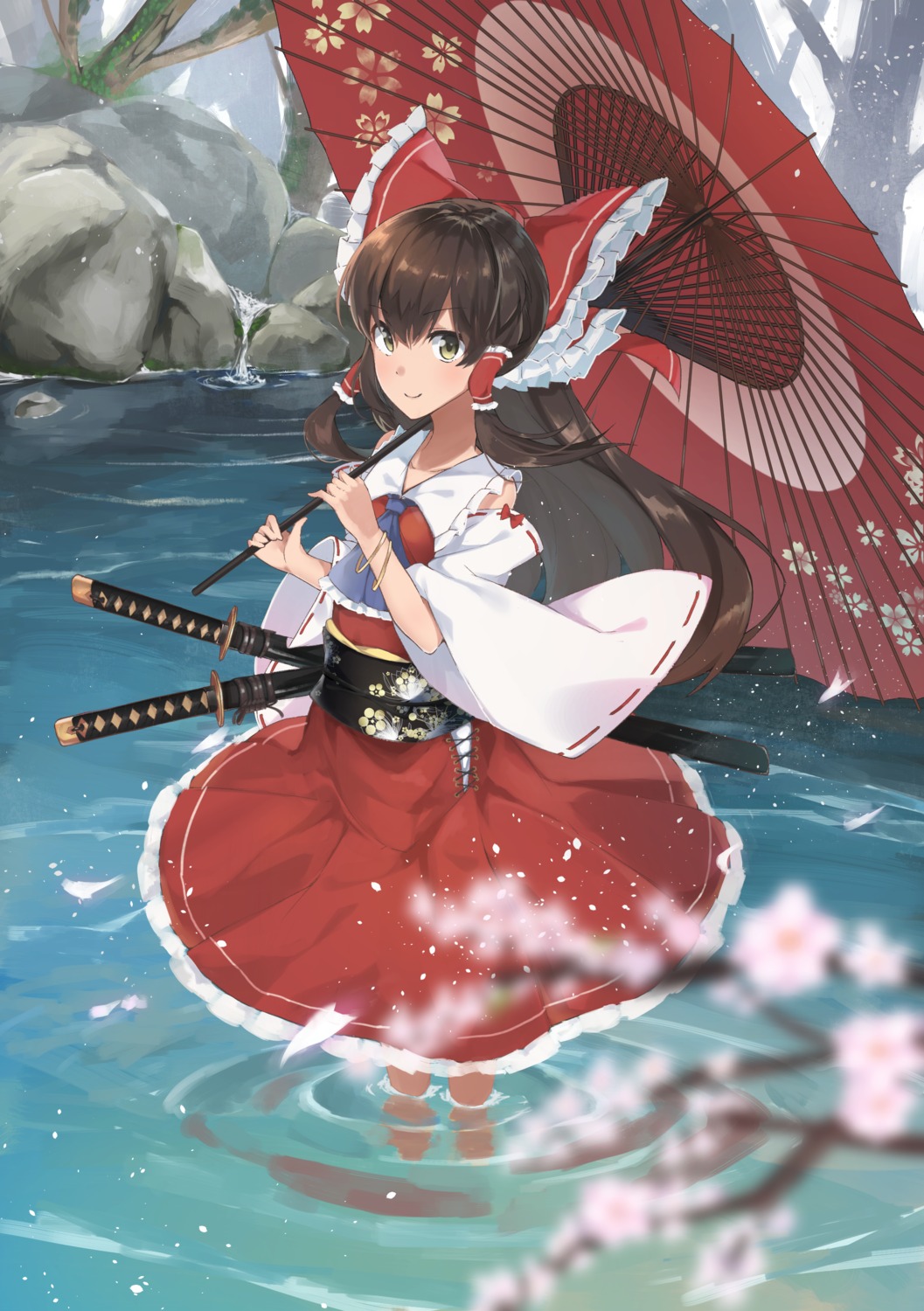 emushake hakurei_reimu sword touhou umbrella wet