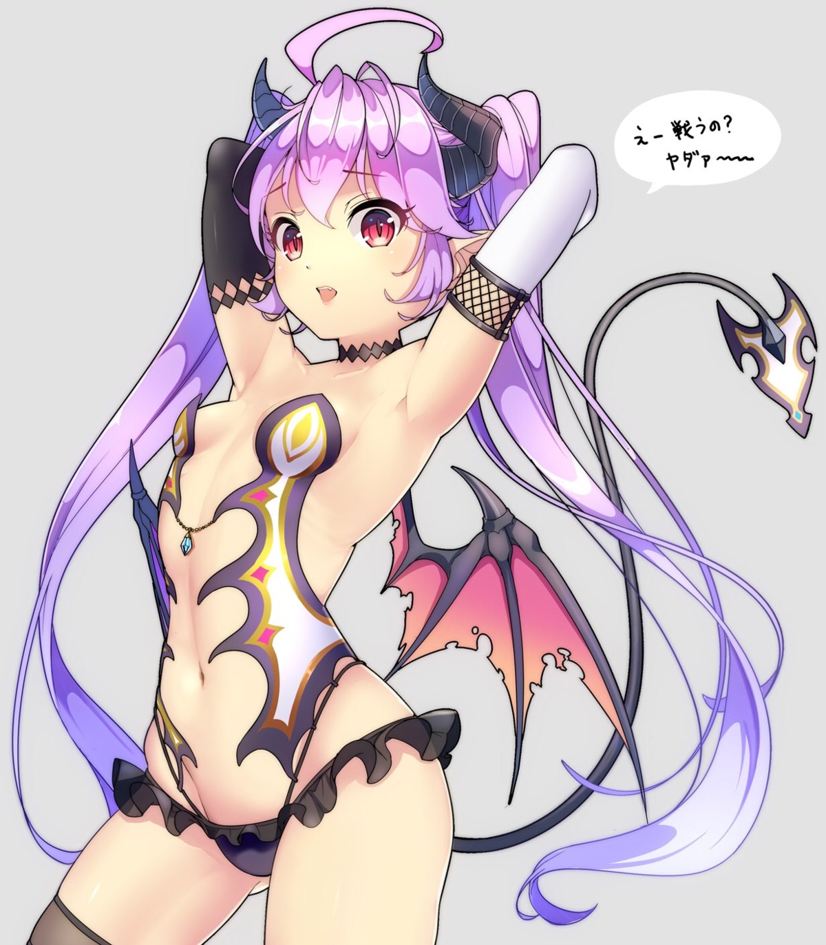 cleavage fishnets horns nasubi_(w.c.s) no_bra pantsu pointy_ears tail thighhighs wings