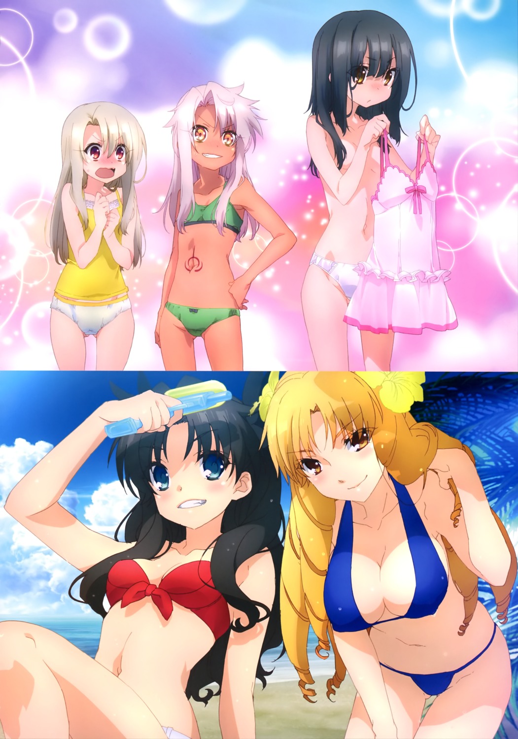 bikini bra chloe_von_einzbern cleavage erect_nipples fate/kaleid_liner_prisma_illya fate/stay_night illyasviel_von_einzbern lingerie loli luviagelita_edelfelt miyu_edelfelt pantsu swimsuits tattoo toosaka_rin topless