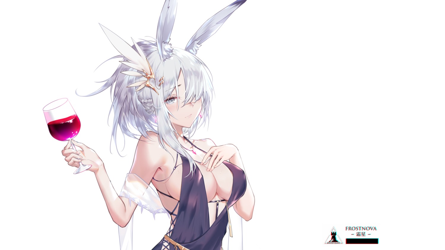 animal_ears arknights bunny_ears dress frostnova_(arknights) no_bra wallpaper xion32