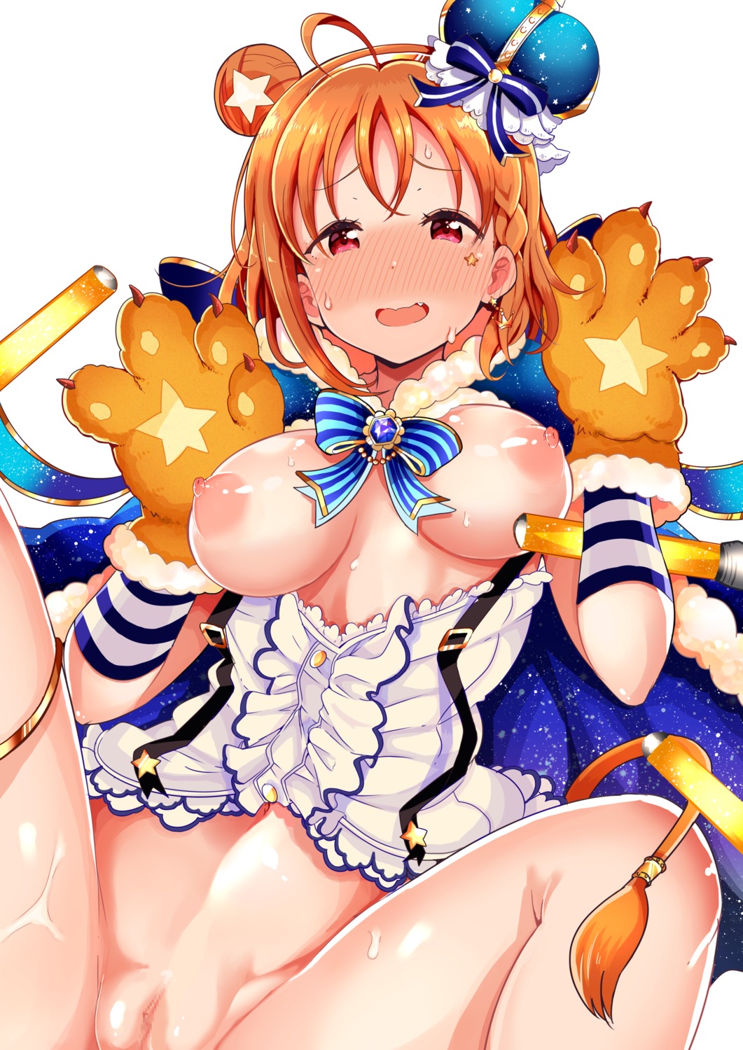 bottomless breasts censored kuzu_kow love_live!_sunshine!! nipples no_bra open_shirt pussy tail takami_chika