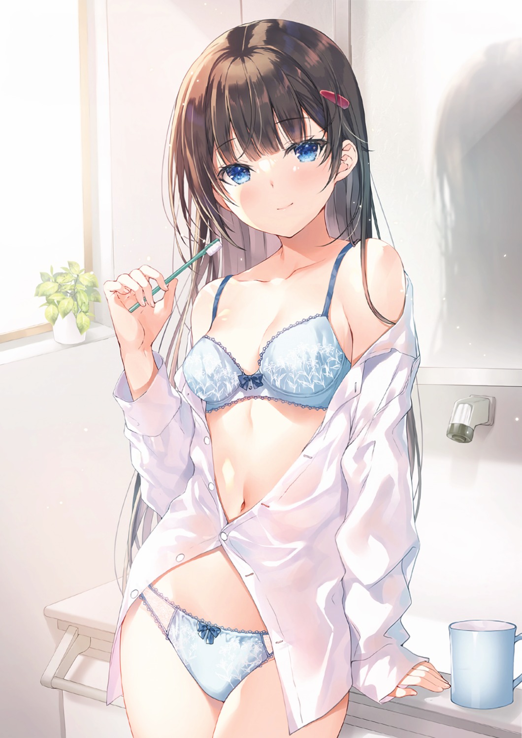 bra detexted dress_shirt miwabe_sakura open_shirt pantsu see_through