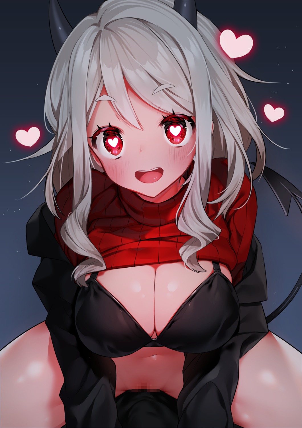 bottomless bra censored haiba helltaker horns modeus_(helltaker) shirt_lift sweater tail