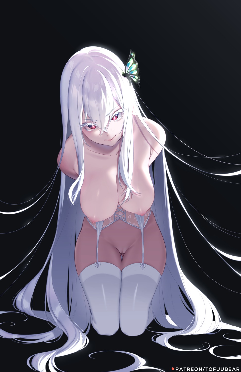 bottomless breasts echidna_(re_zero) nipples no_bra pussy re_zero_kara_hajimeru_isekai_seikatsu stockings thighhighs tofuubear uncensored