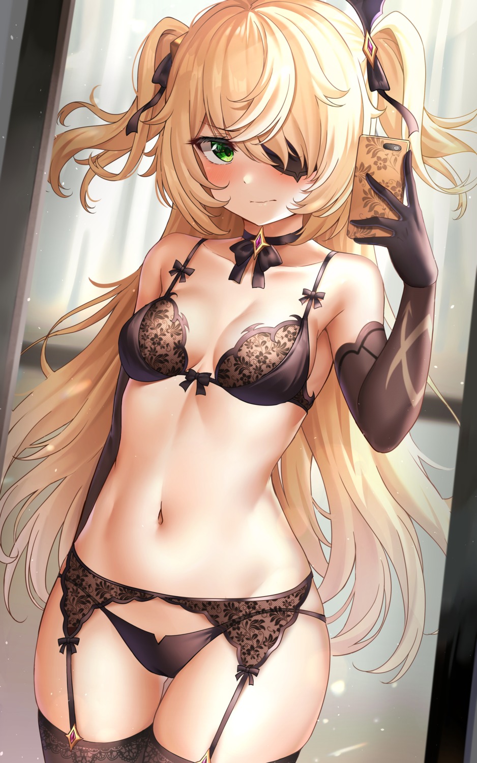 bra cameltoe eyepatch fischl garter_belt genshin_impact lingerie pantsu see_through selfie stockings sunhyun thighhighs