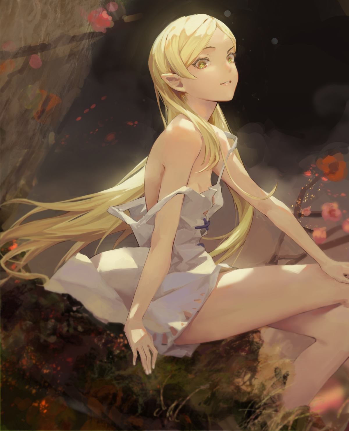 dress hakui_(b600723) kissshot_acerolaorion_heartunderblade kizumonogatari monogatari_(series) no_bra pointy_ears skirt_lift summer_dress