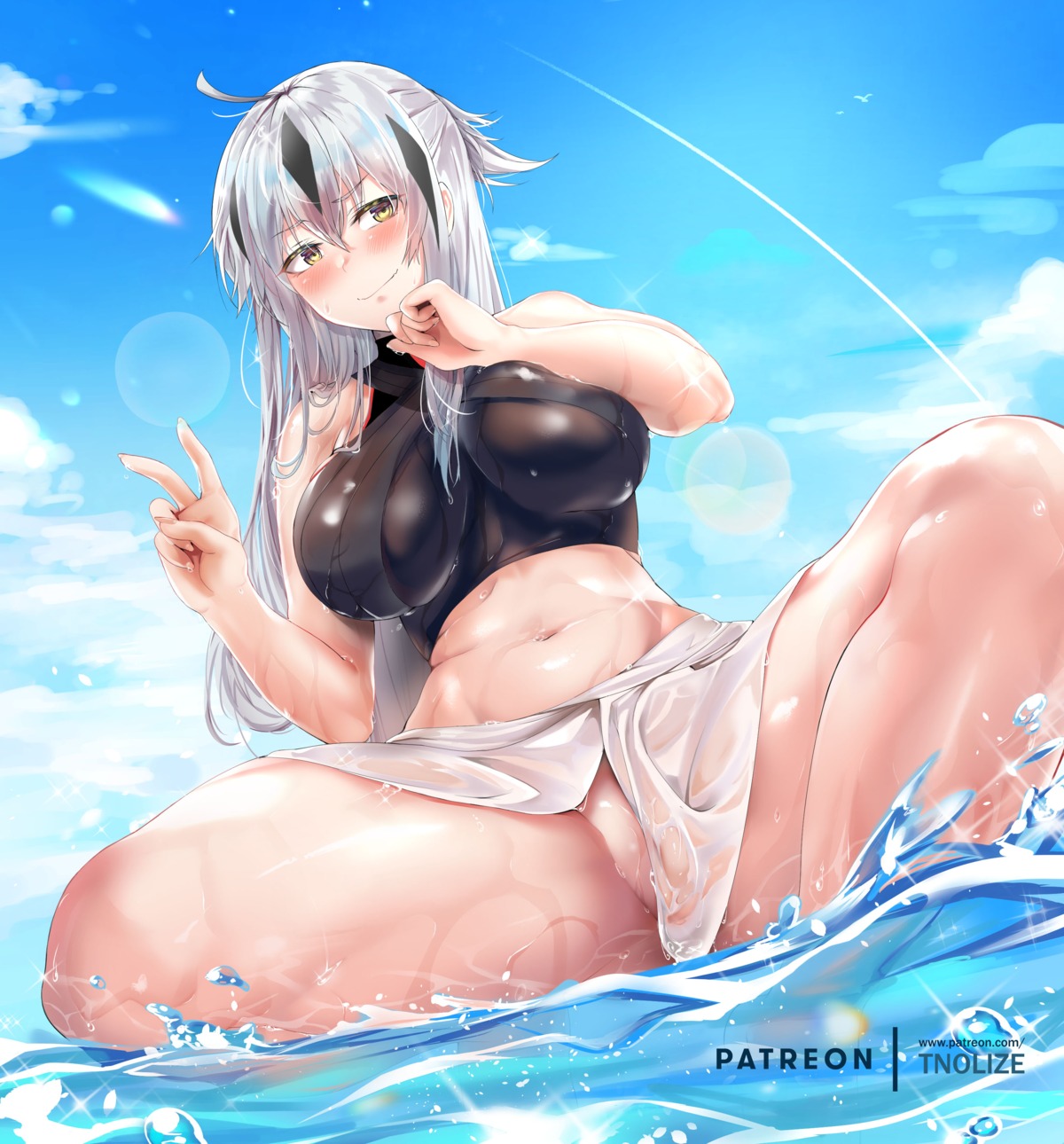 breast_hold fate/grand_order nagao_kagetora_(fate) nopan pussy see_through skirt_lift tnolize wet wet_clothes