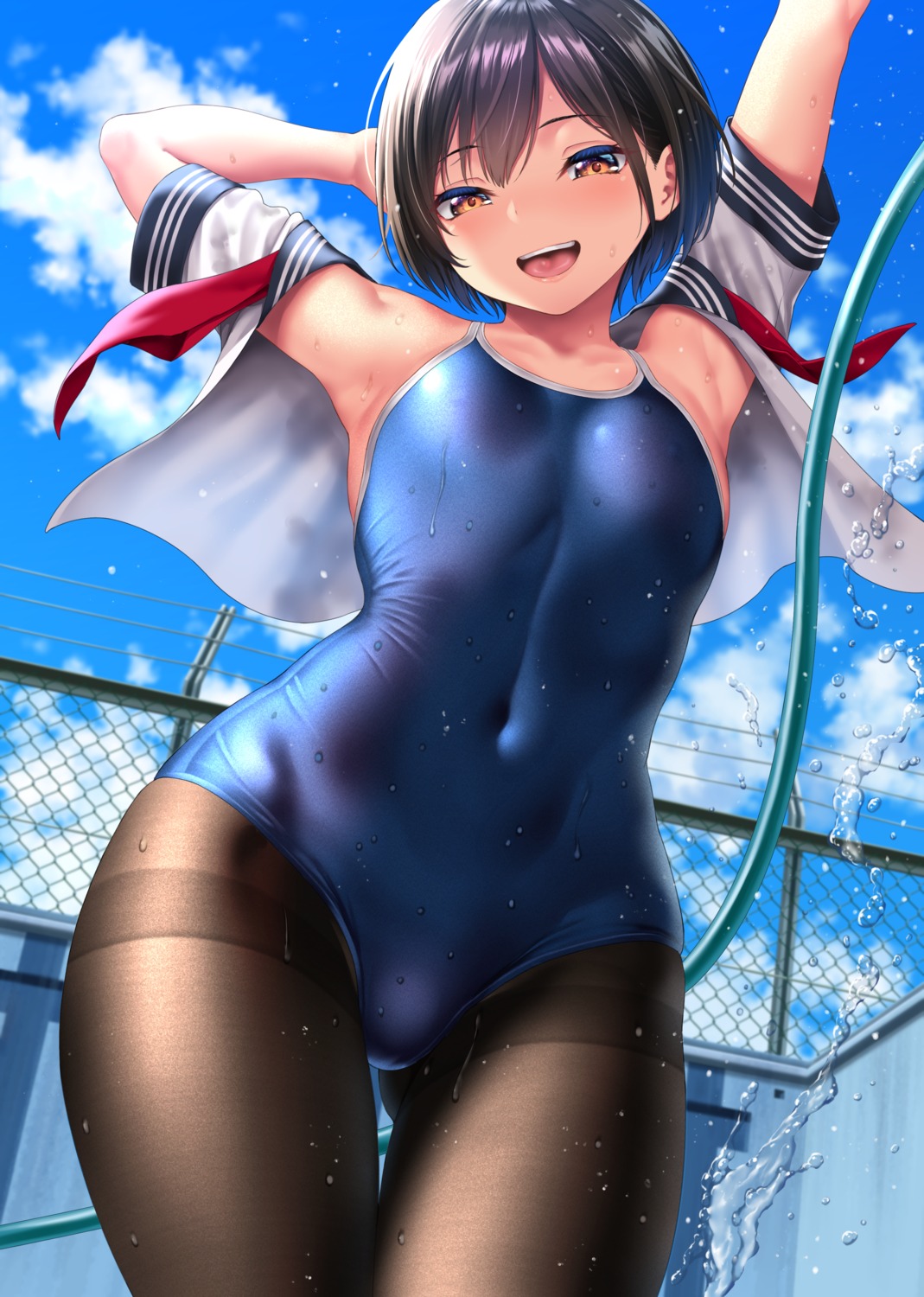 erect_nipples kase_daiki pantyhose school_swimsuit seifuku swimsuits wet wet_clothes