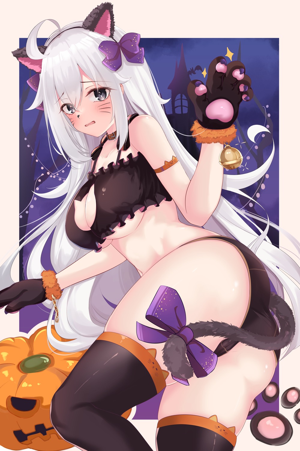 animal_ears ass bra halloween nekomimi pantsu seiren_(kkh2052) tail thighhighs