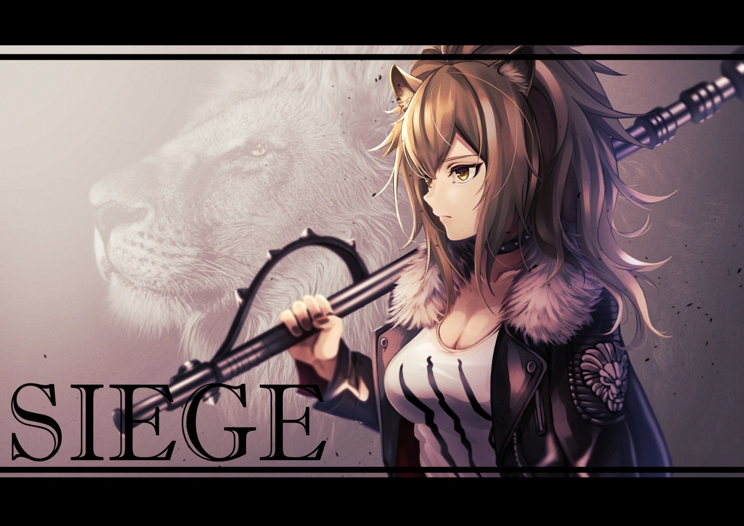 animal_ears arknights cleavage noan siege_(arknights) weapon