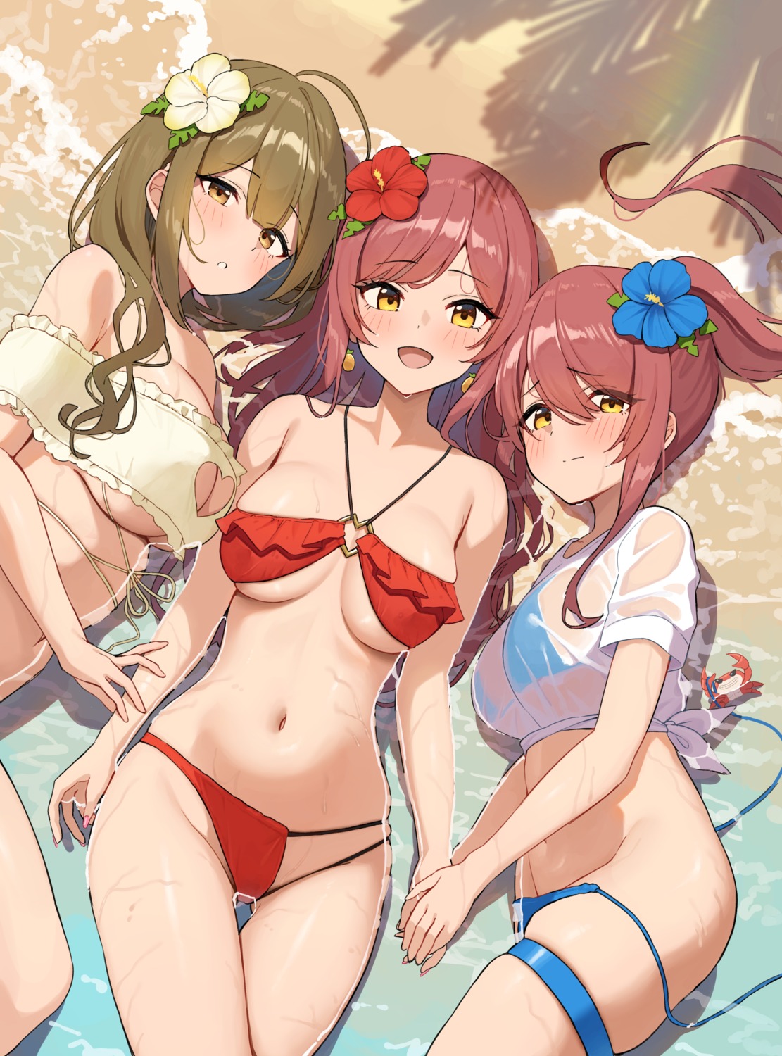 bikini bikini_top garter kuwayama_chiyuki oosaki_amana oosaki_tenka panty_pull see_through swimsuits the_idolm@ster the_idolm@ster_shiny_colors wanimaru wet wet_clothes