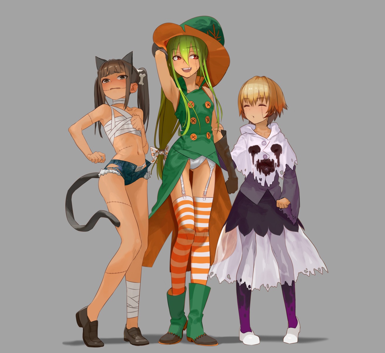 animal_ears attall bandages dress halloween nekomimi pantsu pantyhose see_through stockings tail thighhighs torn_clothes witch