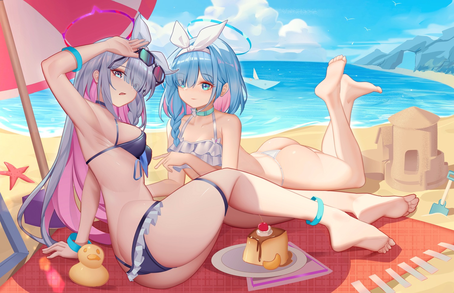 arona_(blue_archive) ass bikini blue_archive feet halo luai megane plana_(blue_archive) swimsuits thong