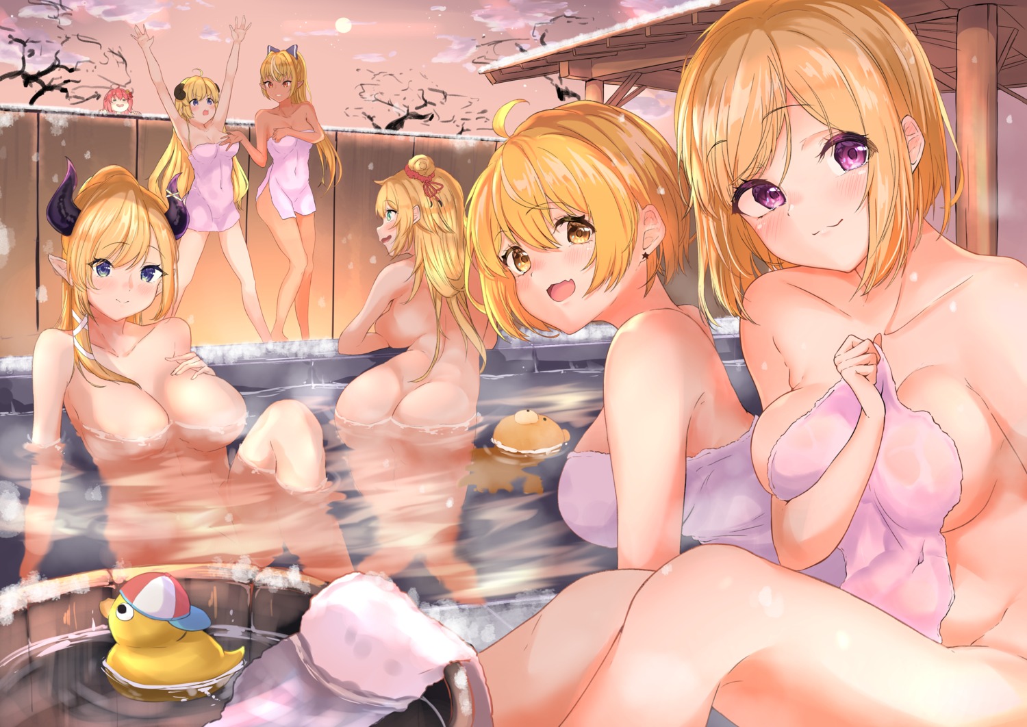 akai_haato aki_rosenthal ass bathing elf hololive horns naked ogura_toast onsen pointy_ears sakura_miko shiranui_flare towel tsunomaki_watame wet yozora_mel yuzuki_choco