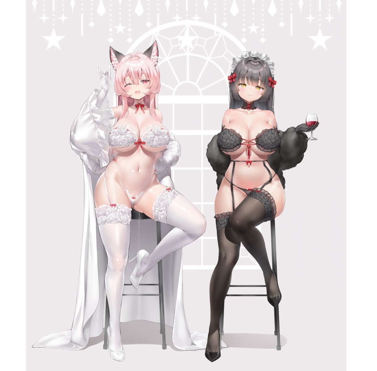 animal_ears bra dinah_(piiru) garter_belt heels keibeam lingerie maid open_shirt pantsu sia_(piiru) stockings thighhighs thong