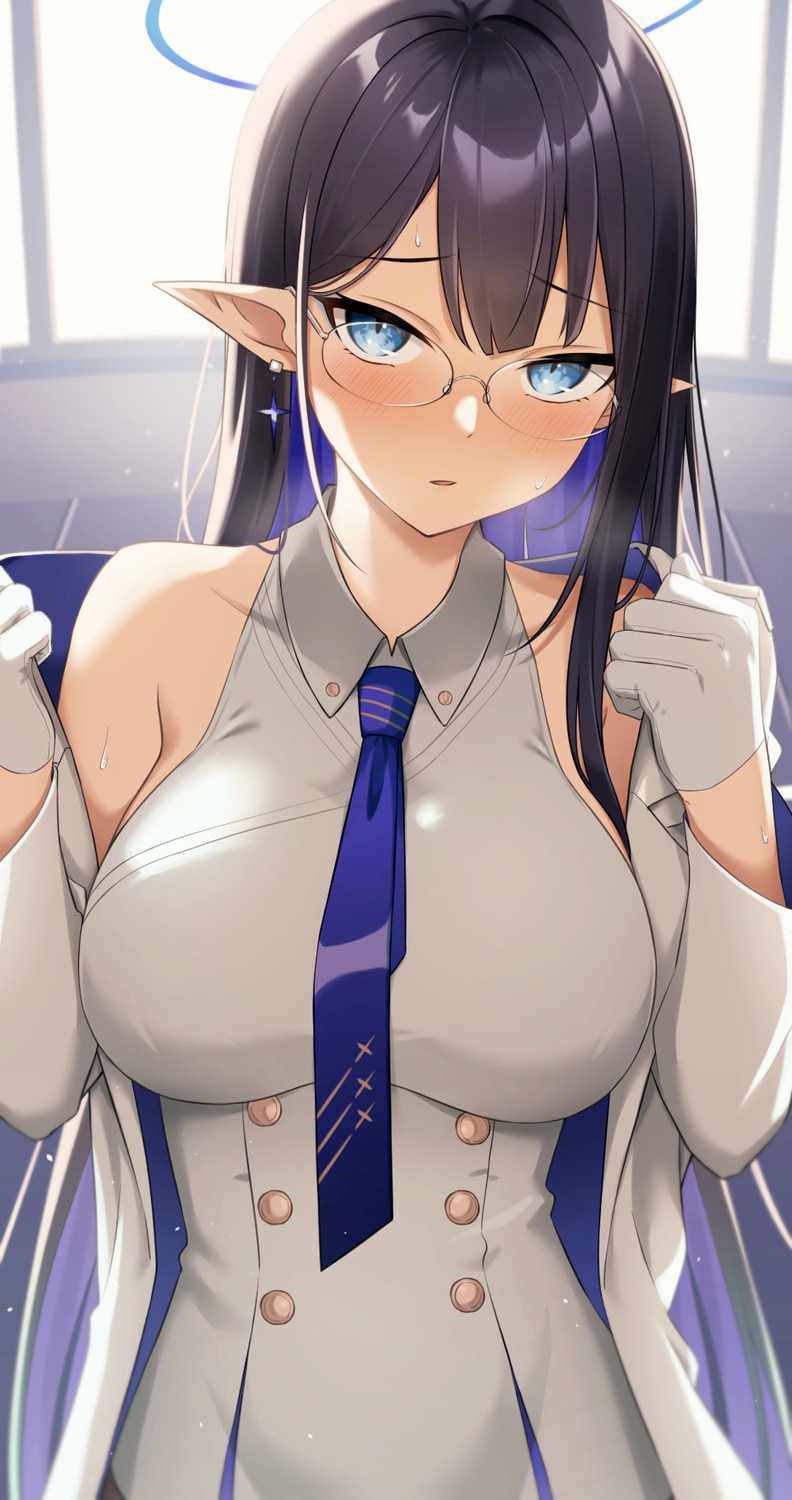 blue_archive halo megane nanagami_rin pointy_ears tennen_inari undressing uniform