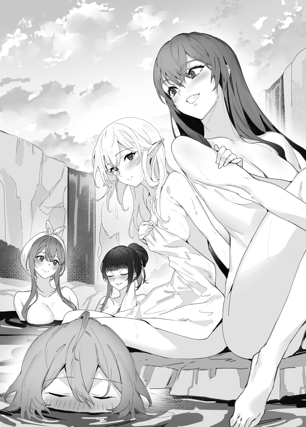 bathing dungeon_ni_deai_wo_motomeru_no_wa_machigatteiru_darou_ka monochrome naked onsen pointy_ears topless towel wet yasuda_suzuhito