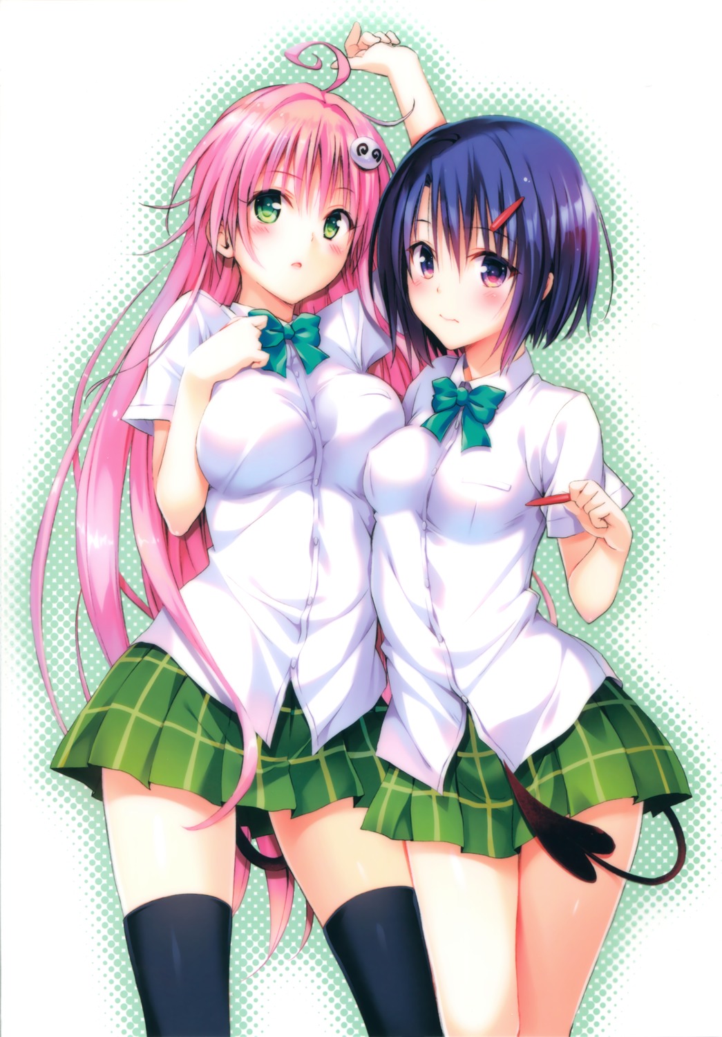 breast_hold lala_satalin_deviluke sairenji_haruna seifuku tail thighhighs to_love_ru to_love_ru_darkness yabuki_kentarou