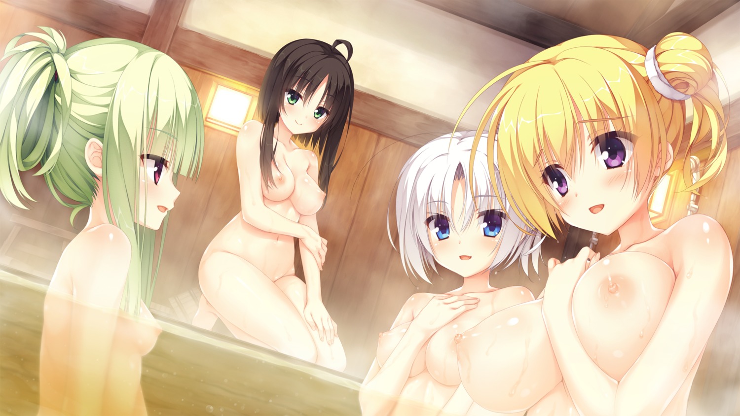 bathing breast_hold game_cg hitachi_mako kobuichi lena_liechtenauer murasame_(senren_banka) muririn naked nipples senren_banka tomotake_yoshino wet yuzu-soft