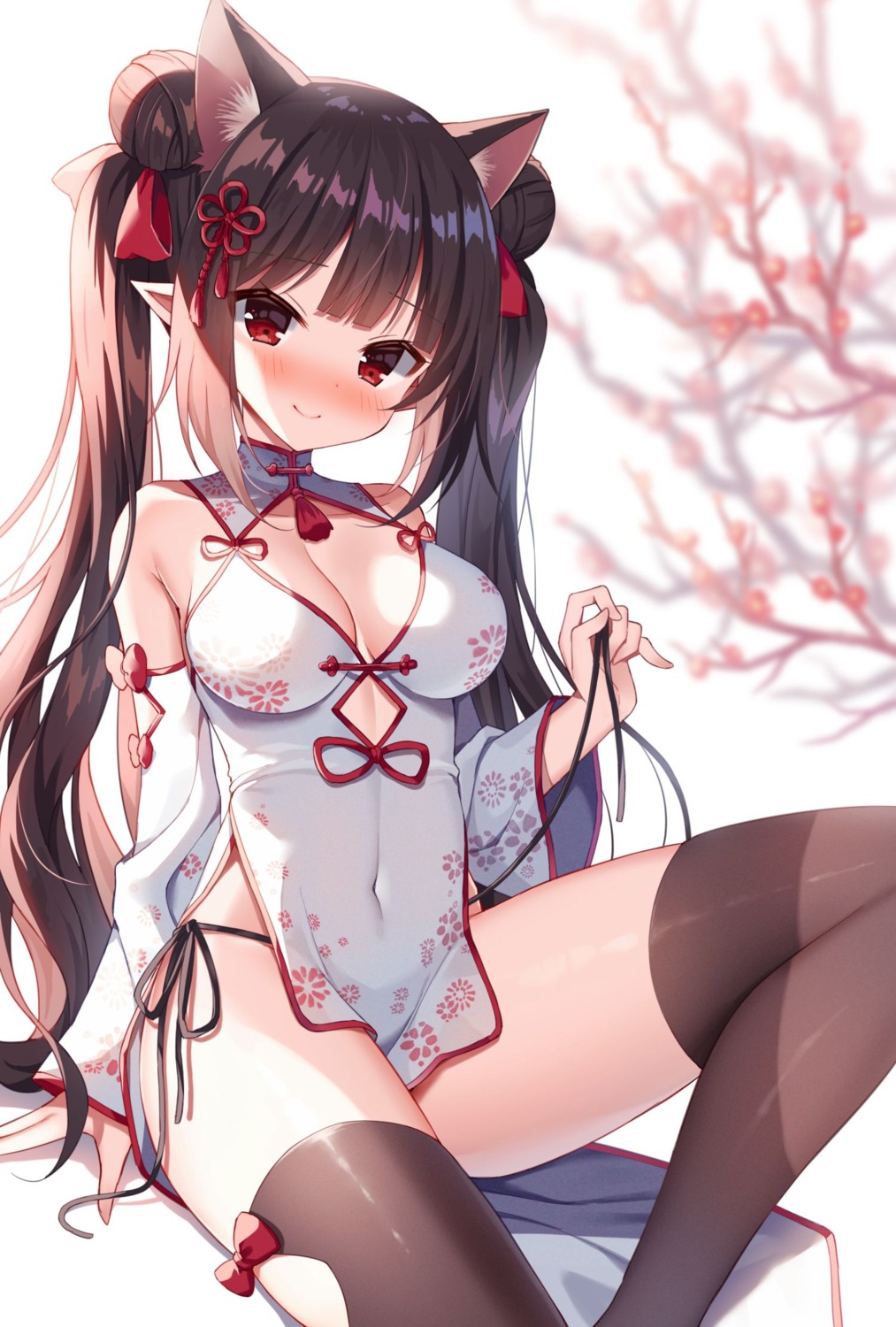 animal_ears chinadress mauve nekomimi no_bra pantsu pointy_ears string_panties thighhighs undressing