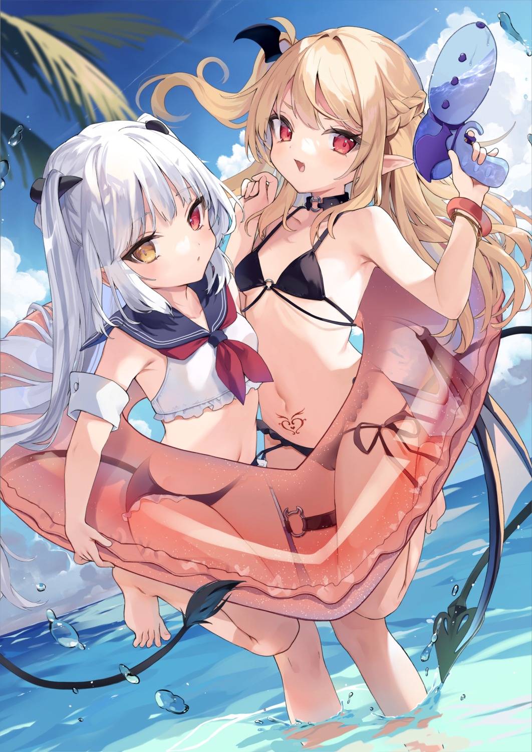 bikini cameltoe chloe_lilithtera garter gun heterochromia horns loli pointy_ears seifuku swimsuits tail tamano_kedama tattoo tiffany_lilithtera wet wings