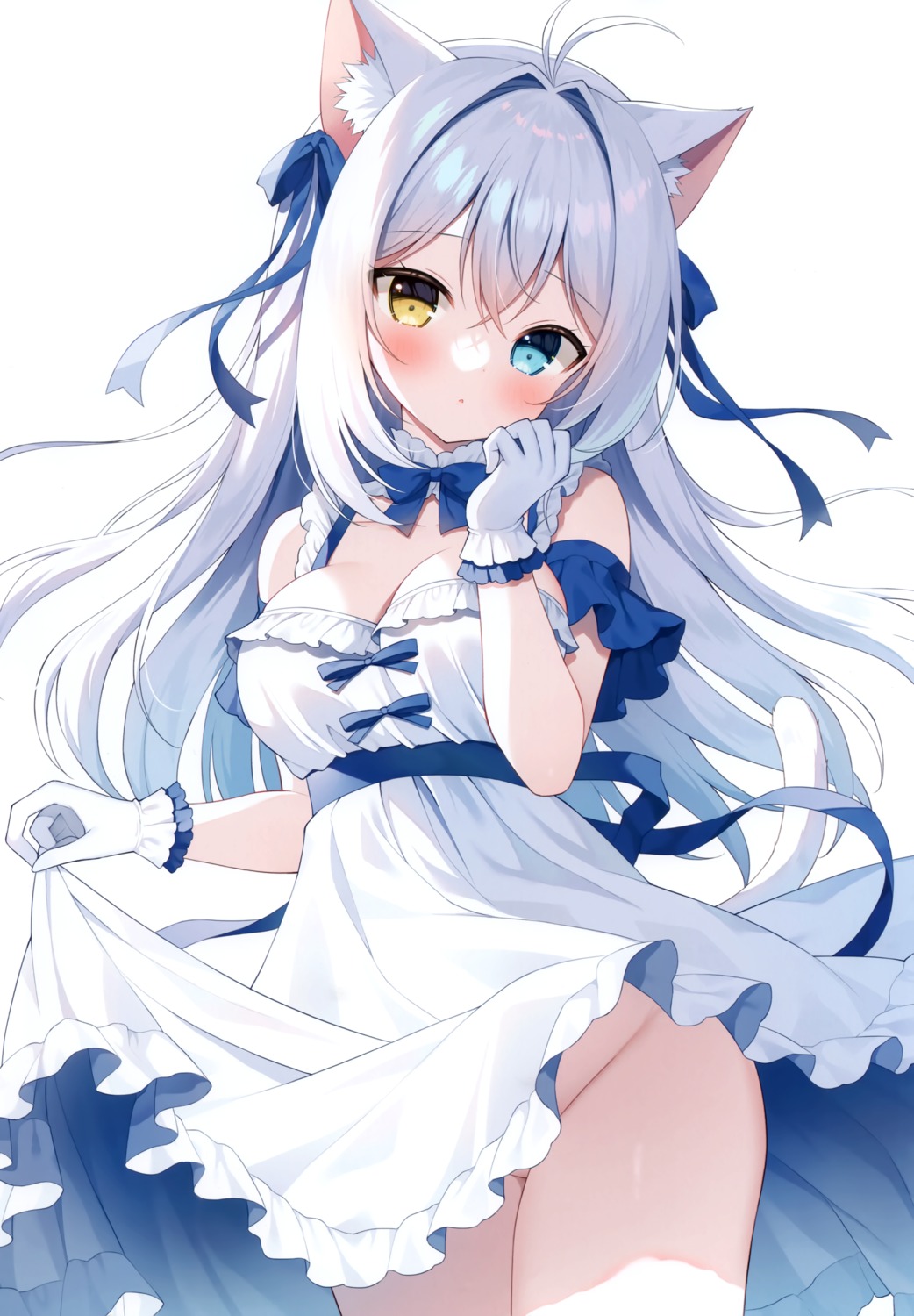 aina_rive animal_ears dress heterochromia mauve nekomimi nopan skirt_lift tail wata★punch