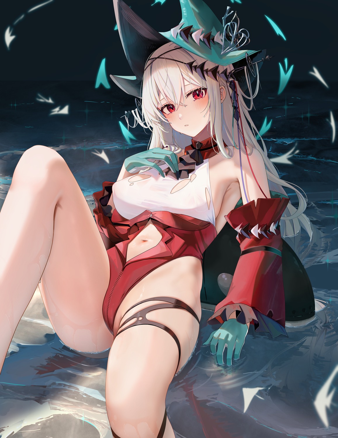 arknights erect_nipples no_bra ru_zhai skadi_(arknights) torn_clothes wet witch