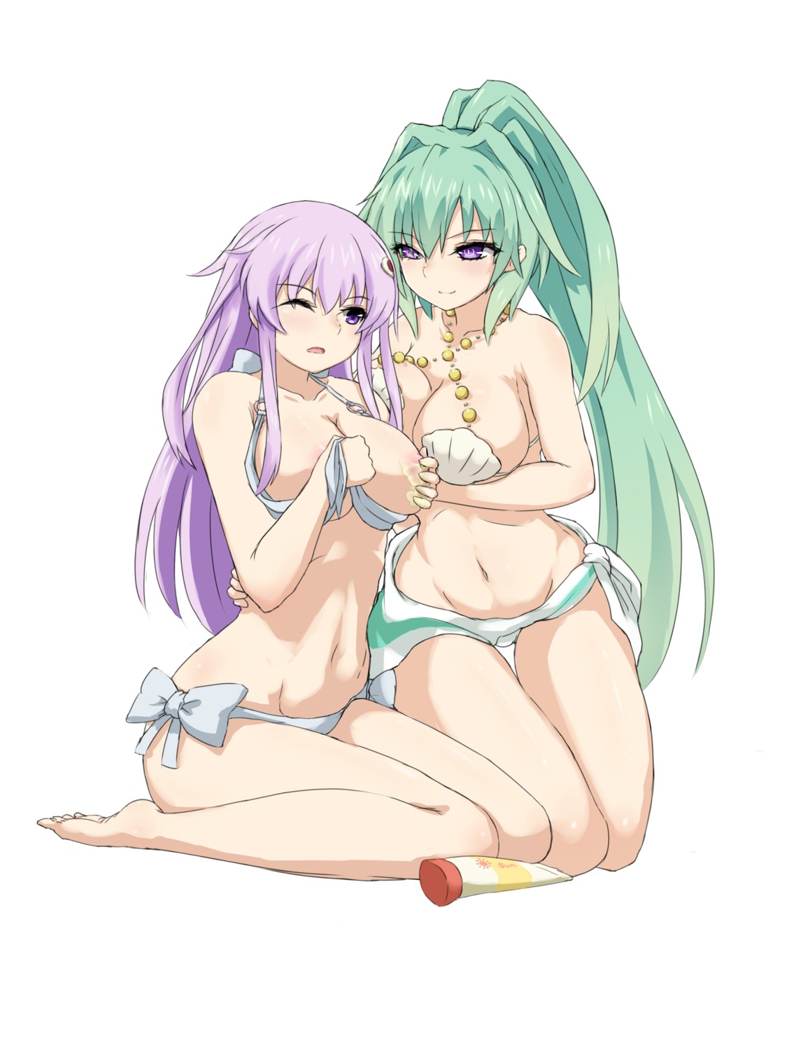 bikini breast_grab breasts choujigen_game_neptune cleavage cream green_heart hu_sea nepgear nipples swimsuits yuri