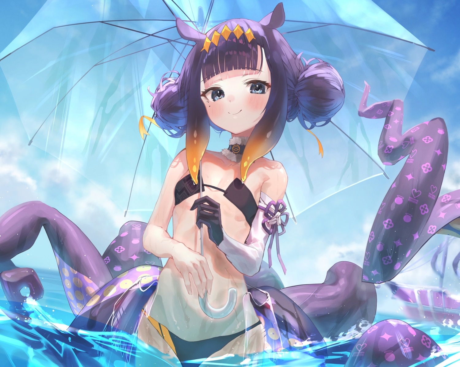 animal_ears bikini hololive hololive_english kaoswald ninomae_ina'nis swimsuits tentacles umbrella wet