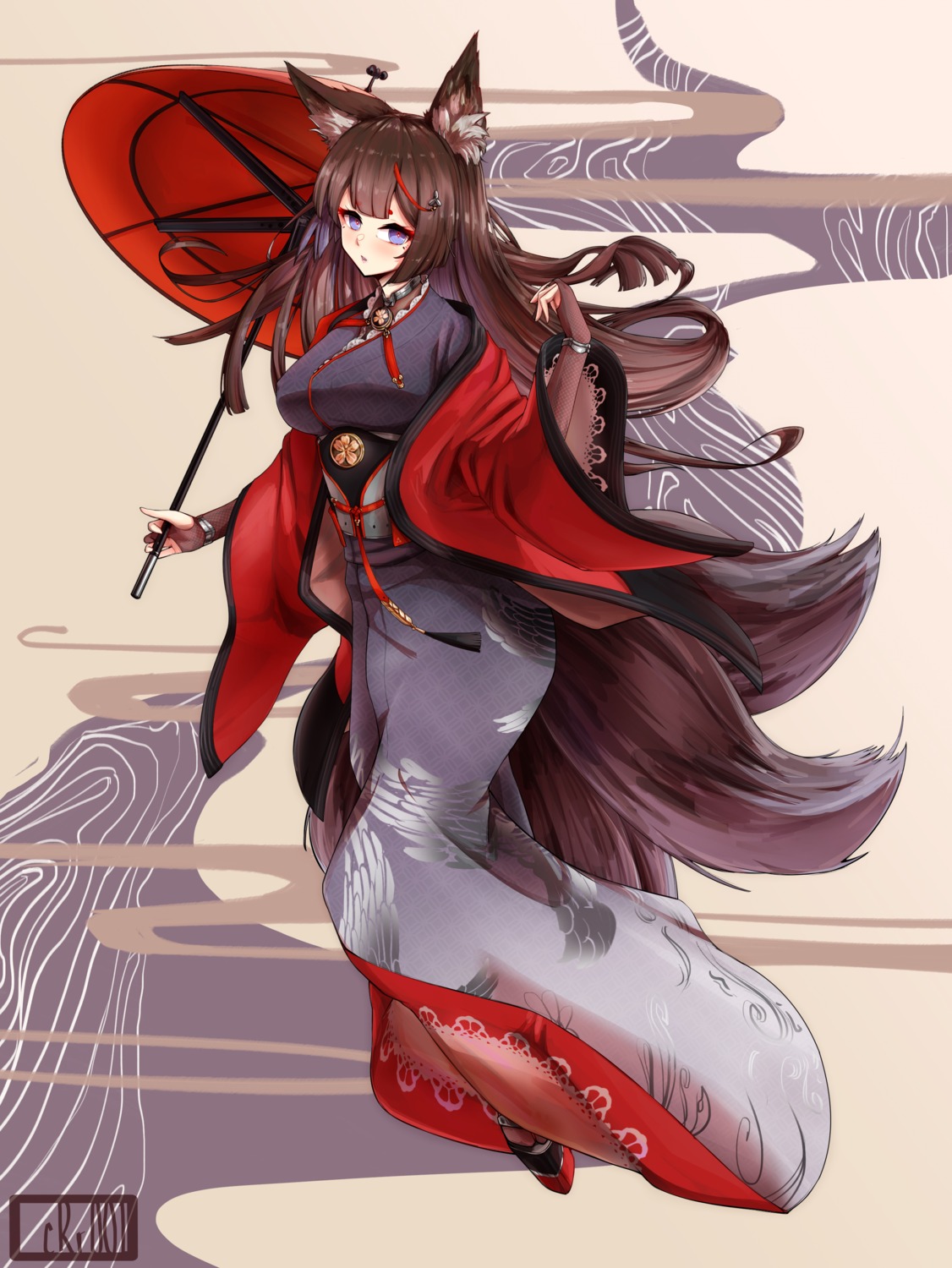 amagi_(azur_lane) animal_ears azur_lane crr001 japanese_clothes kitsune tail umbrella