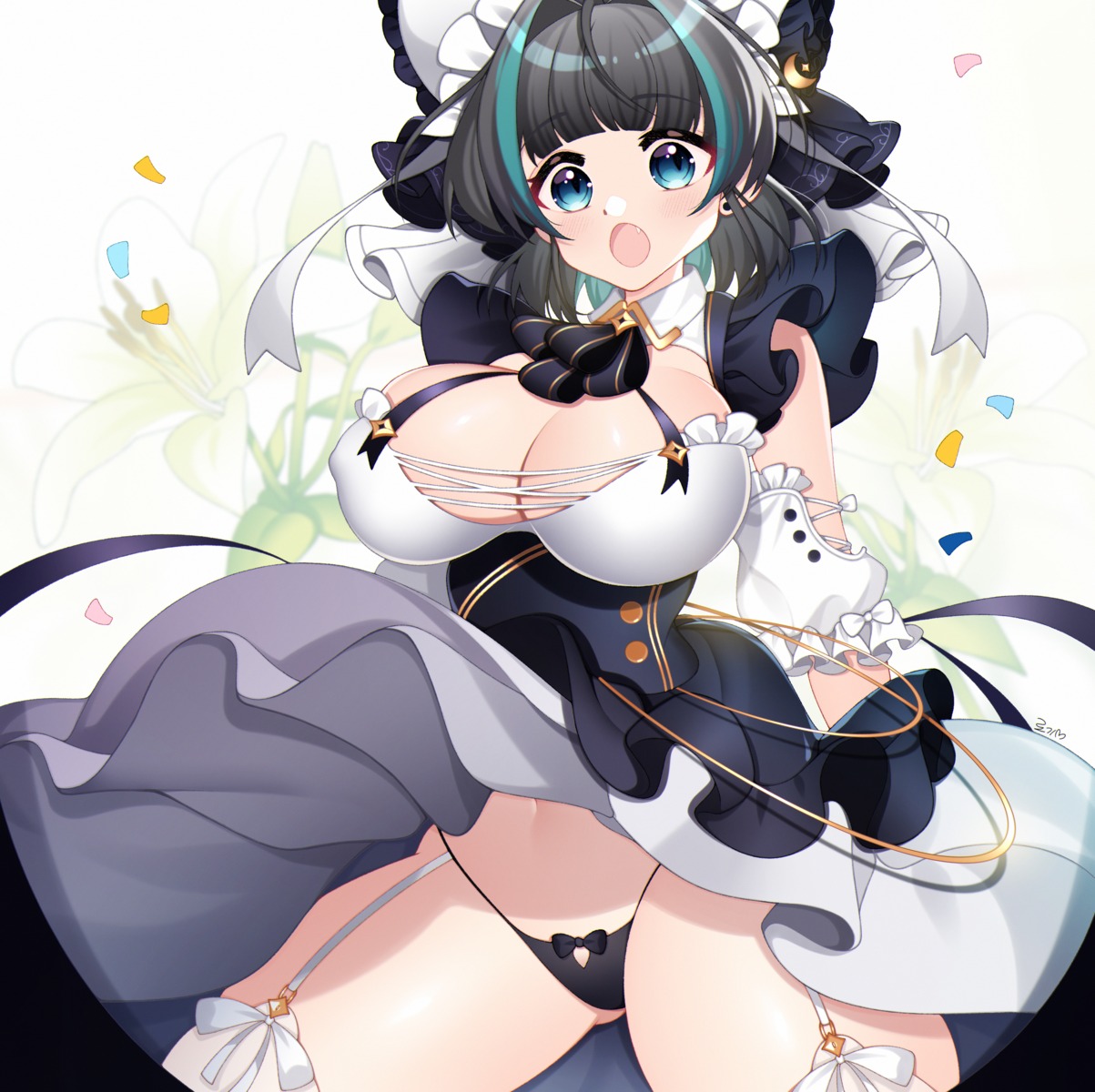 azur_lane cheshire_(azur_lane) erect_nipples loggi maid no_bra skirt_lift stockings thighhighs wardrobe_malfunction