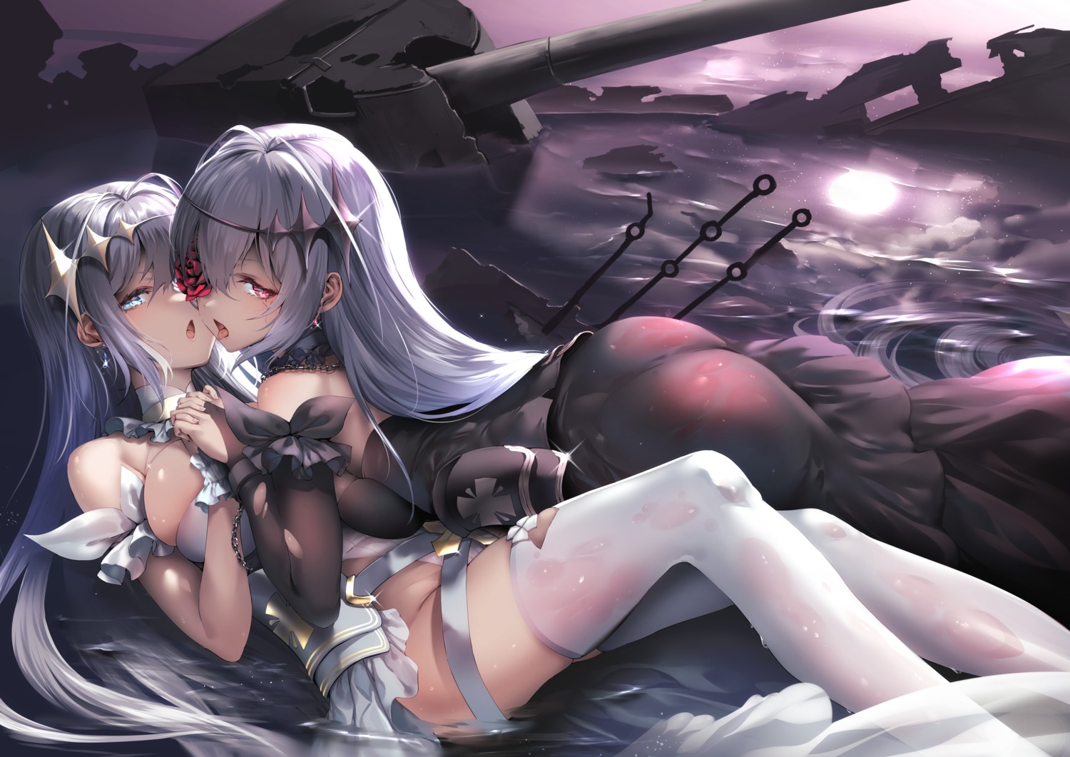 ass azur_lane dress emden_(azur_lane) eyepatch no_bra see_through thighhighs torn_clothes usuki_(graygreed) wet wet_clothes yuri