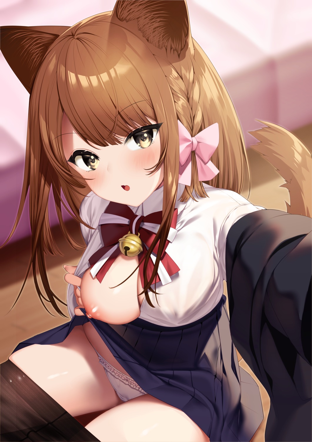 animal_ears breasts haiba nekomimi nekosoma_rion nipples no_bra open_shirt pantsu pantyhose seifuku selfie skirt_lift tail