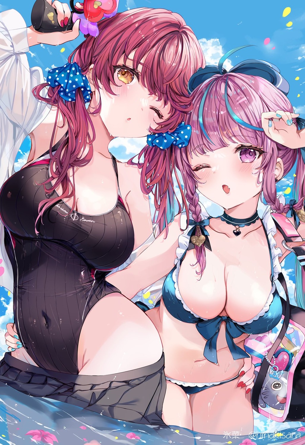 bikini hinahino hololive houshou_marine minato_aqua see_through swimsuits wet wet_clothes